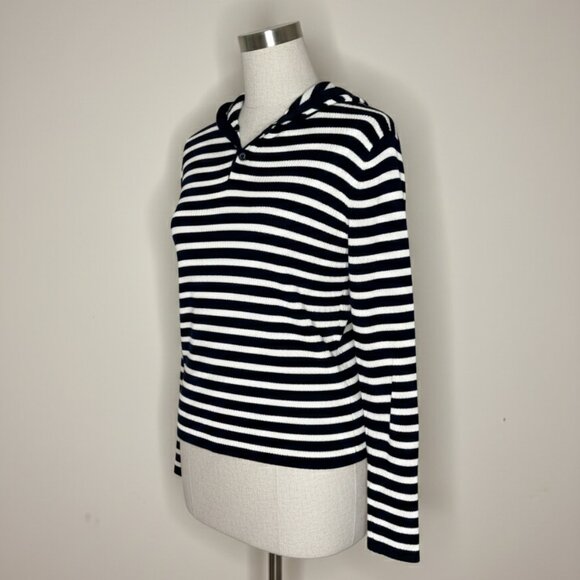 Vince Fitted Ribbed Hooded Navy White Stripe Sweater Henley Cotton Size Medium - Picture 1 of 5
